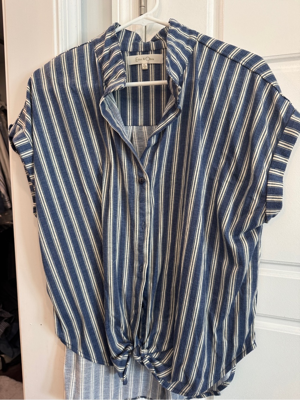 Eden & Olivia Blue and White Striped Tie-Front Button-Up Top